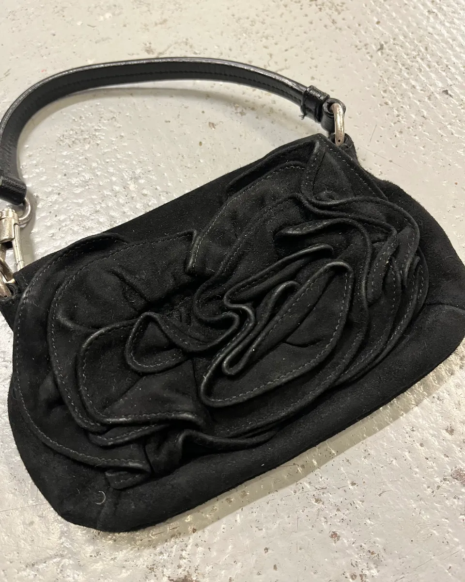 2000s Yves Saint Laurent Black Suede Mini Flower Handle Bag - Image 4