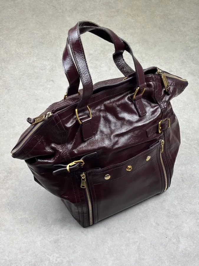 2000s Yves Saint Laurent Burgundy Leather Multi-Pocket Handle Bag - Image 3