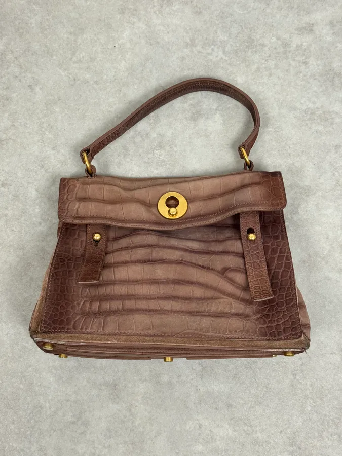 2000s Yves Saint Laurent Crocodile Embossed Beige Leather Muse Two Handle Bag
