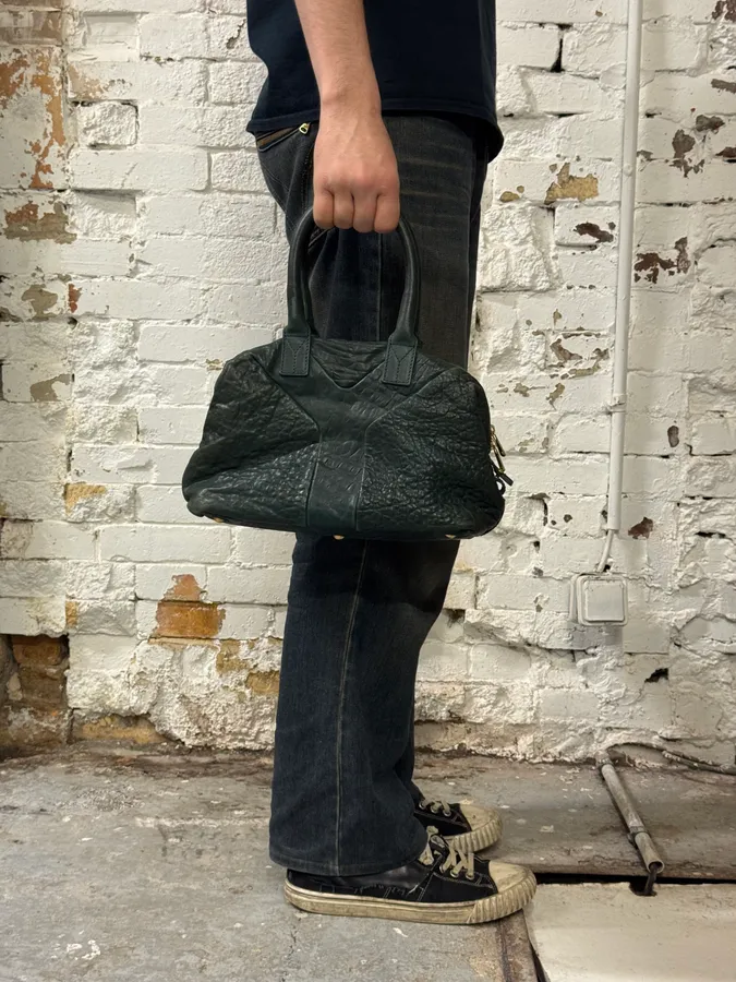 2000s Yves Saint Laurent Dark Green Grain Leather Handle Bag - Image 3