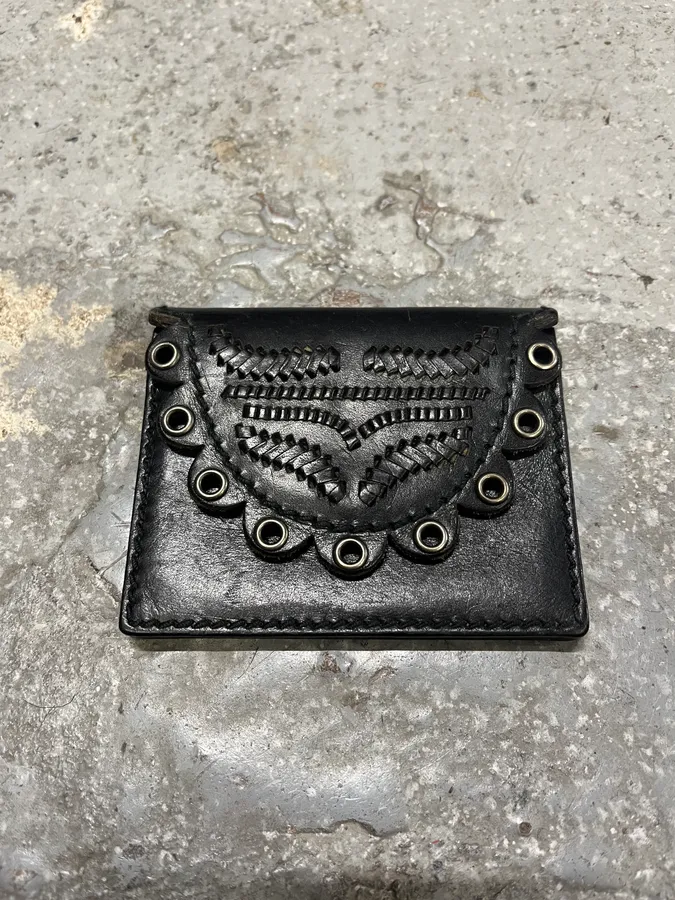 2000s Yves Saint Laurent Eyeled Woven Black Leather Wallet - Image 3