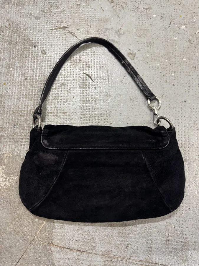 2000s Yves Saint Laurent Flowers Black Suede Leather Handle Bag - Image 5