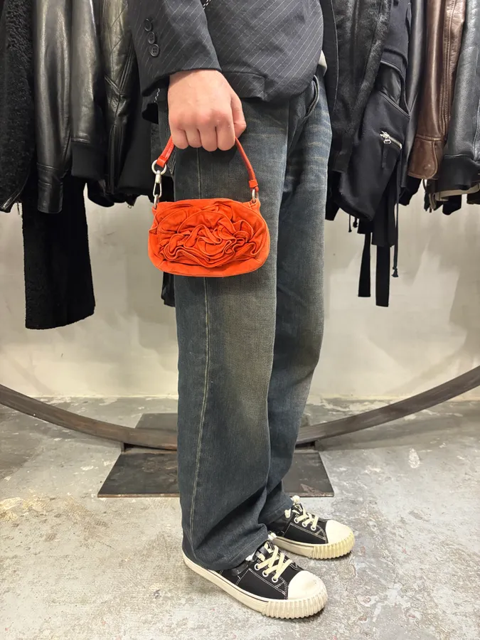 2000s Yves Saint Laurent Flowers Orange Suede Leather Handle Bag - Image 2