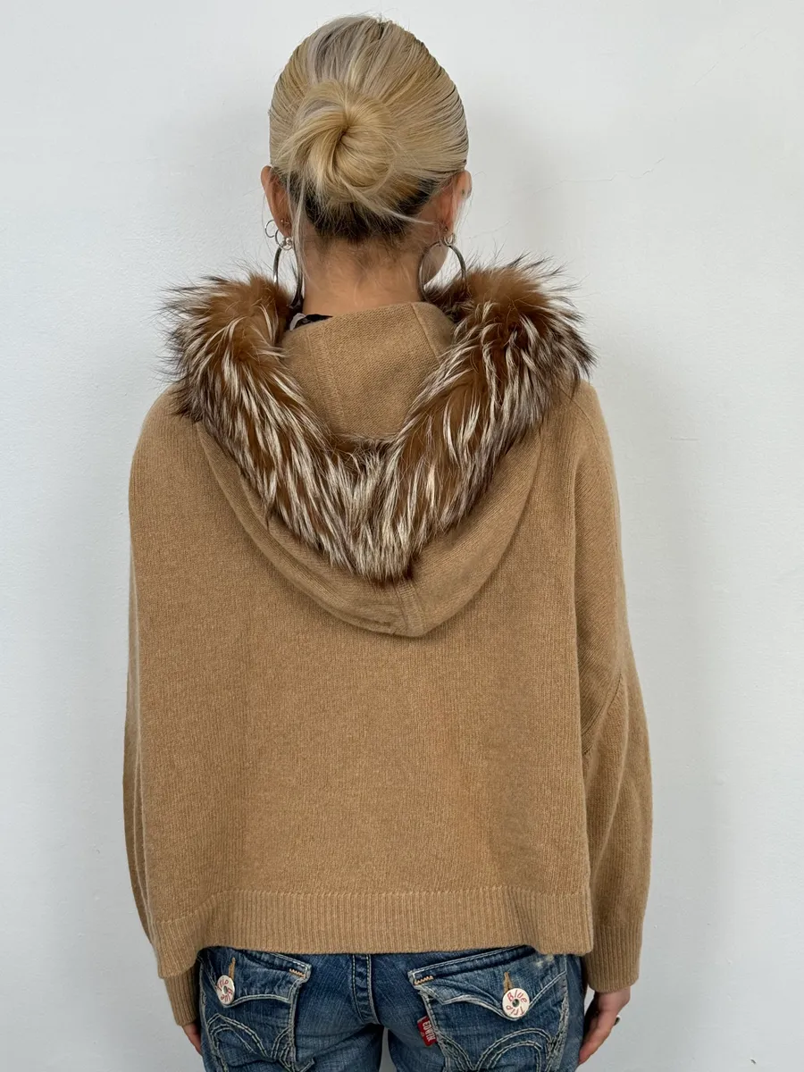 2000s Yves Saint Laurent Fox Fur Hooded Beige Sweater - Image 3
