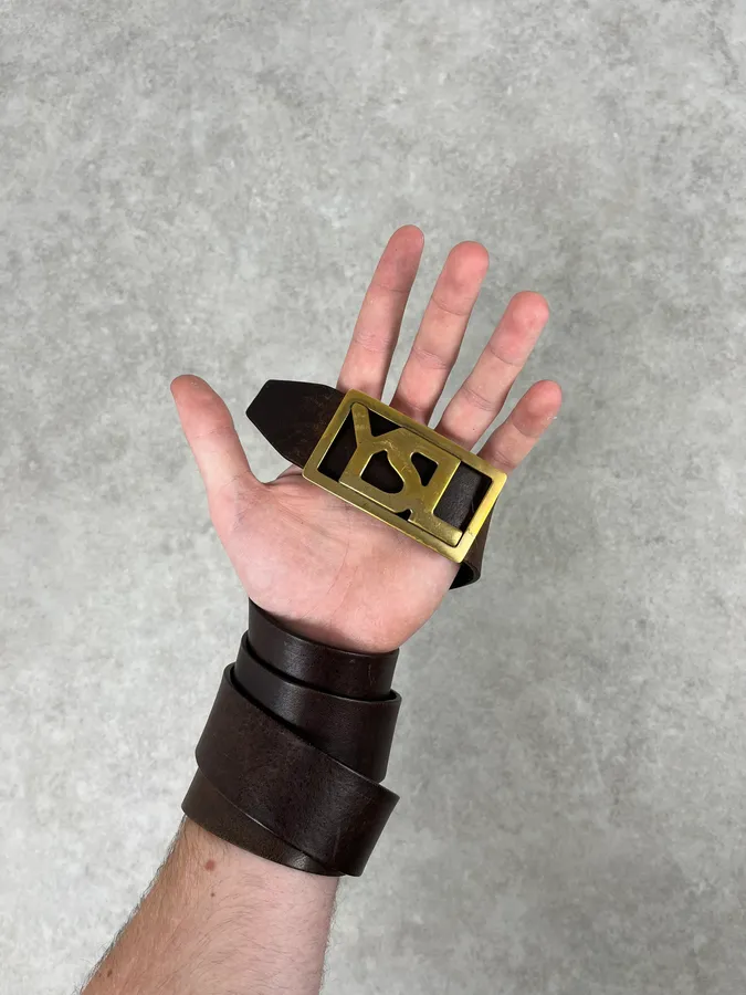 2000s Yves Saint Laurent Golden YSL Buckle Black Leather Belt - Image 2