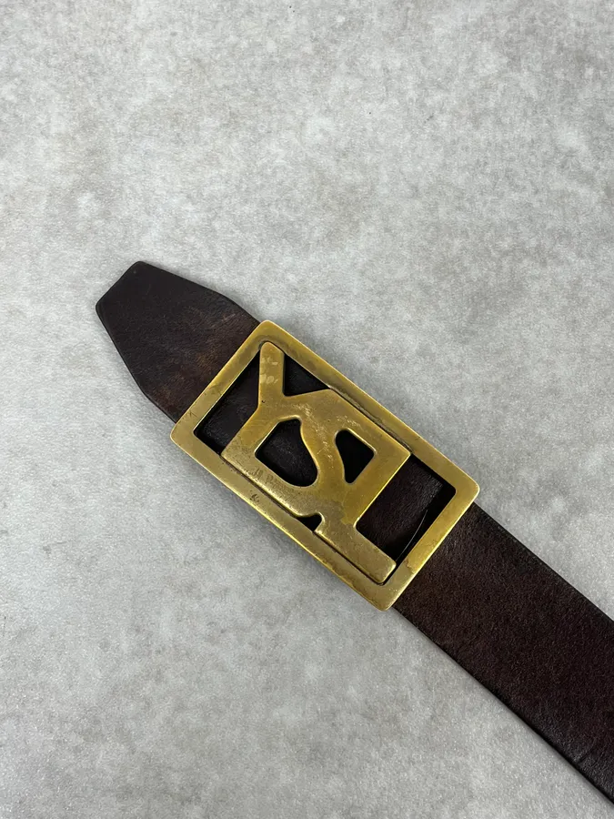 2000s Yves Saint Laurent Golden YSL Buckle Black Leather Belt - Image 6