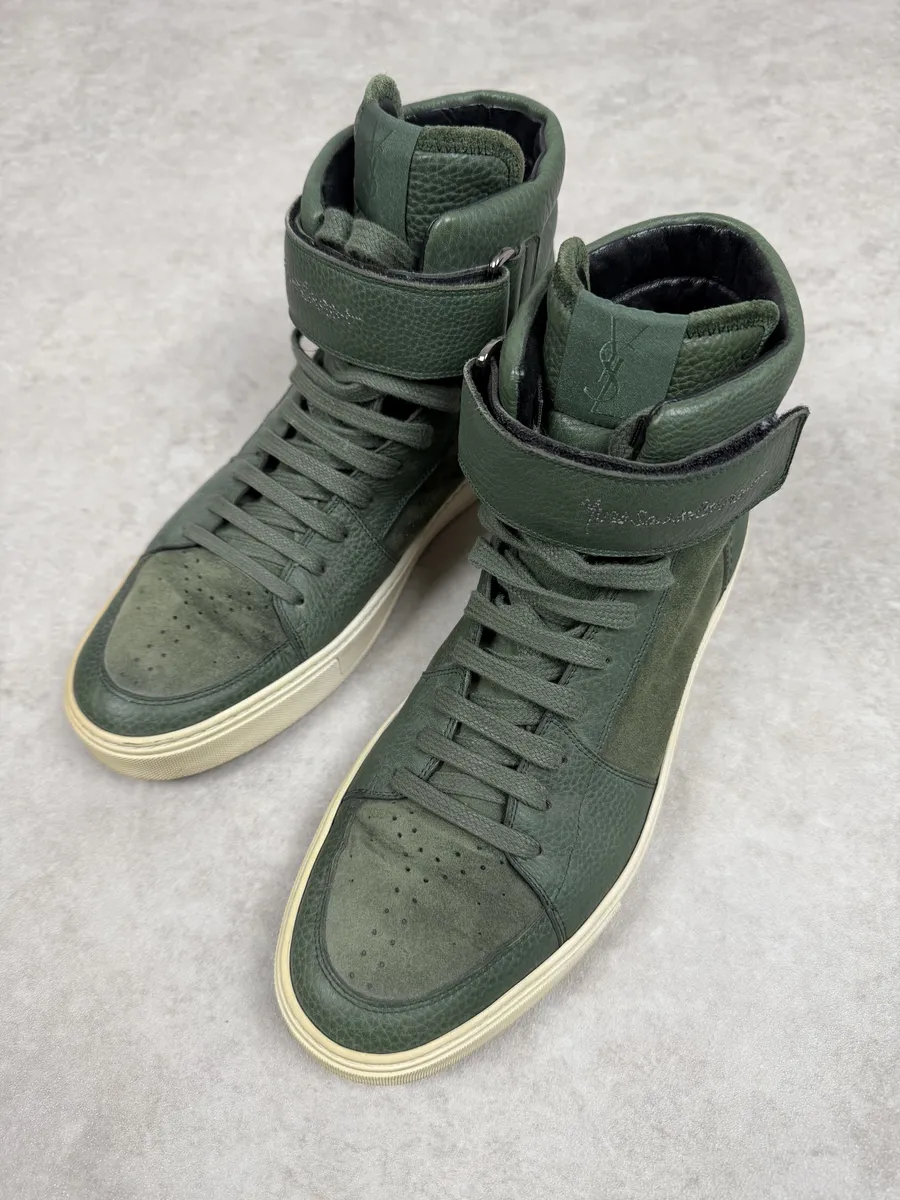 2000s Yves Saint Laurent Green Suede Leather High Sneakers - Image 2