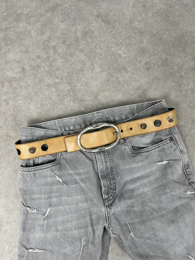 2000s Yves Saint Laurent Holes & Studs Beige Leather Belt