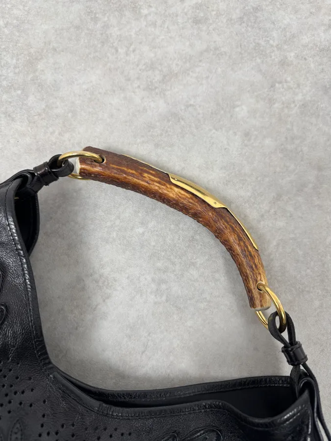 2000s Yves Saint Laurent Mombasa Embossed Flowers Black Leather Horn Handle Bag - Image 10