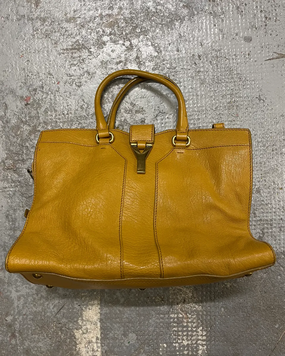 2000s Yves Saint Laurent Mustard Leather Y-Logo Handle Bag - Image 5