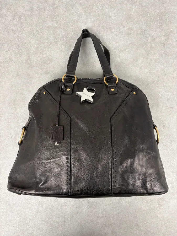 2000s Yves Saint Laurent Star Black Shiny Leather Handle Bag