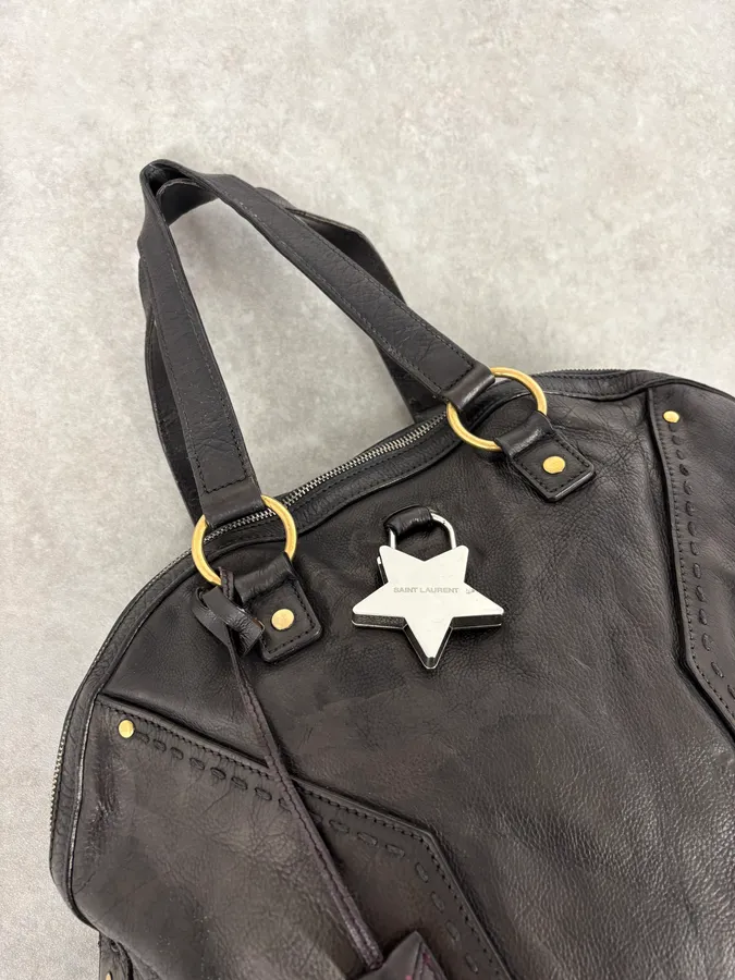 2000s Yves Saint Laurent Star Black Shiny Leather Handle Bag - Image 5