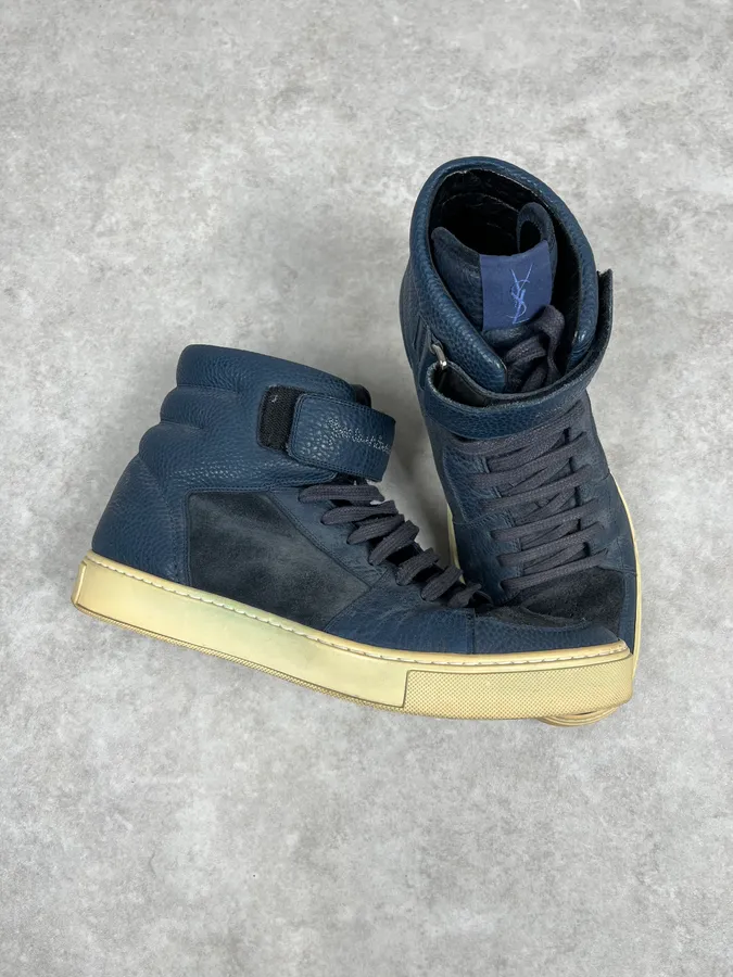 2000s Yves Saint Laurent Suede Leather Blue High Sneakers - Image 3