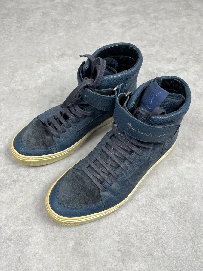 2000s Yves Saint Laurent Suede Leather Blue High Sneakers - Image 4