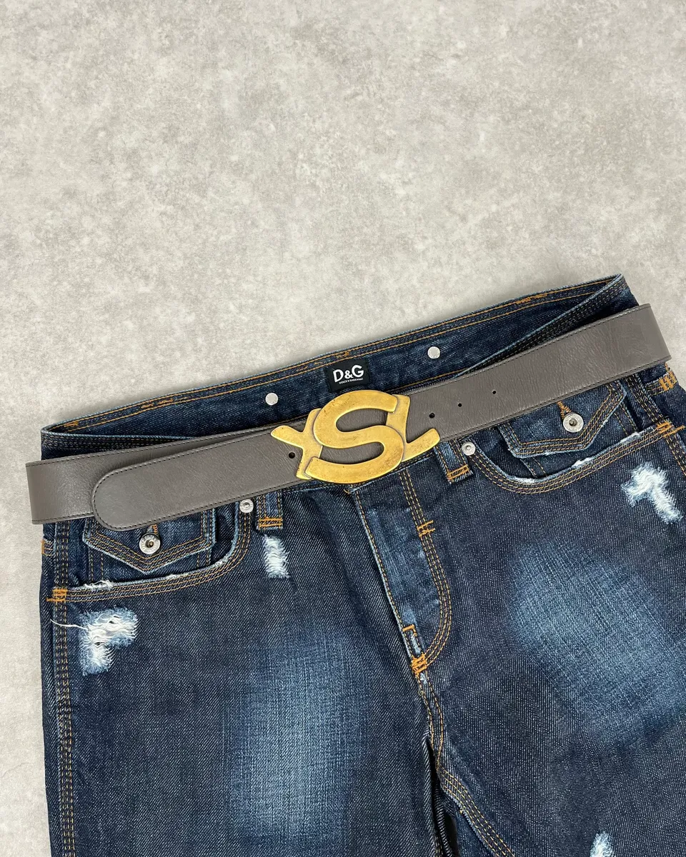 2000s Yves Saint Laurent YSL Logo Golden Buckle Grey Leather Belt