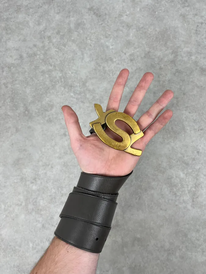 2000s Yves Saint Laurent YSL Logo Golden Buckle Grey Leather Belt - Image 6