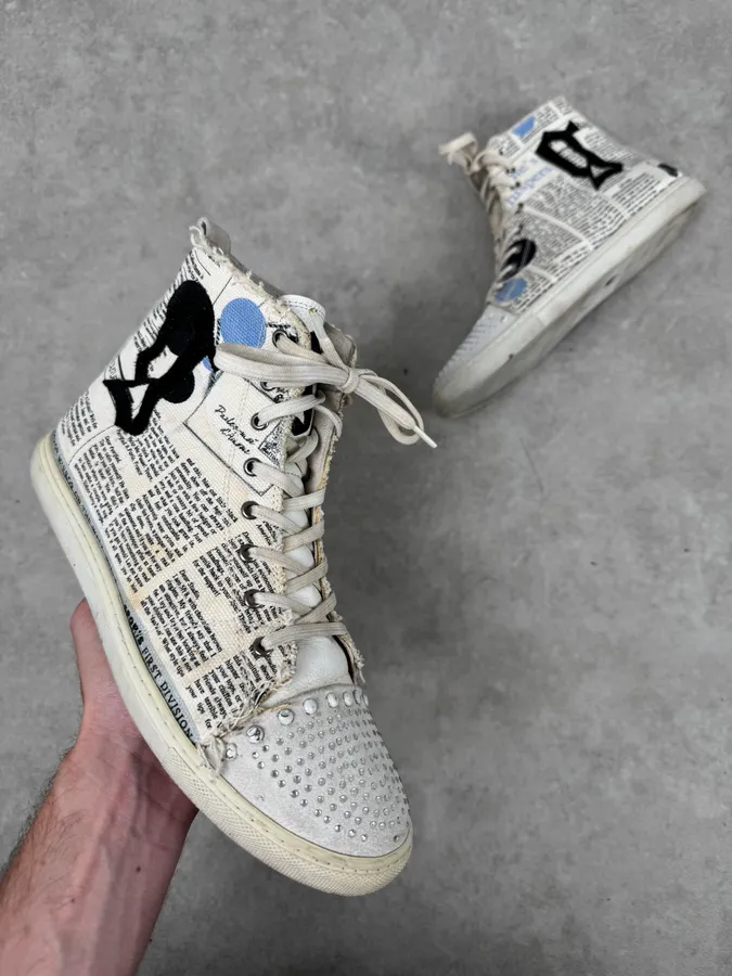 2004 John Galliano White Canvas Newspaper Studded High Sneakers