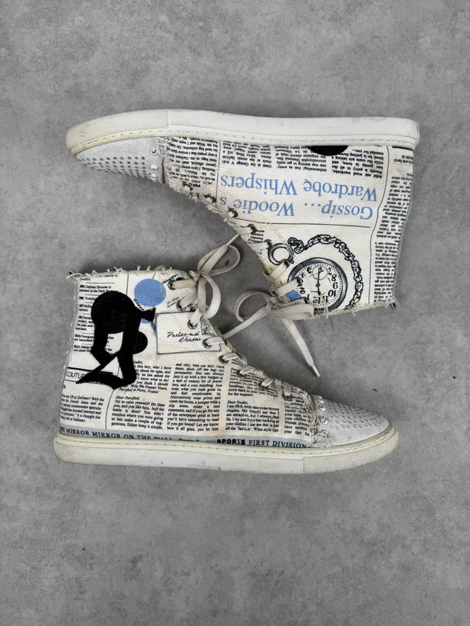 2004 John Galliano White Canvas Newspaper Studded High Sneakers - Image 2