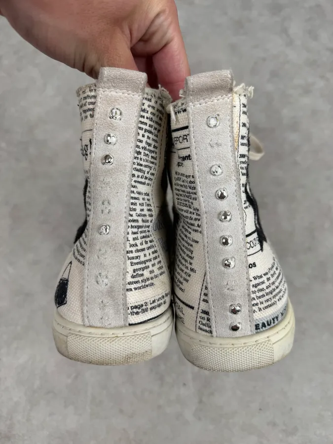 2004 John Galliano White Canvas Newspaper Studded High Sneakers - Image 7