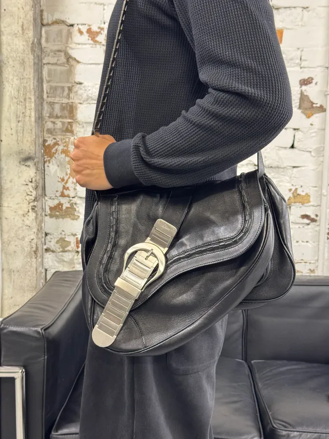 2006 Christian Dior Metal Gaucho Black Leather Shoulder Bag - Image 2