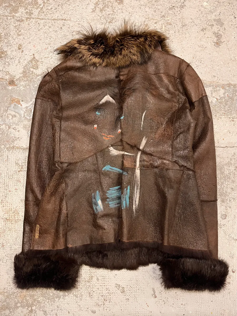2010s Armani Fur Collar Painted  Brown Leather Jacket