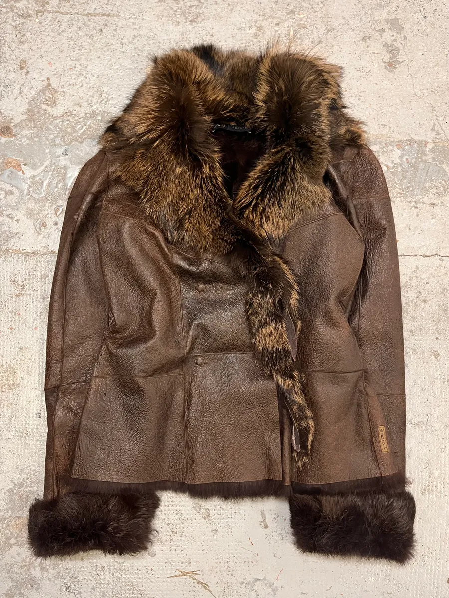 2010s Armani Fur Collar Painted  Brown Leather Jacket - Image 10