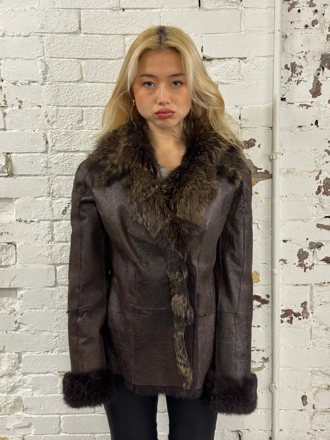 2010s Armani Fur Collar Painted  Brown Leather Jacket - Image 2