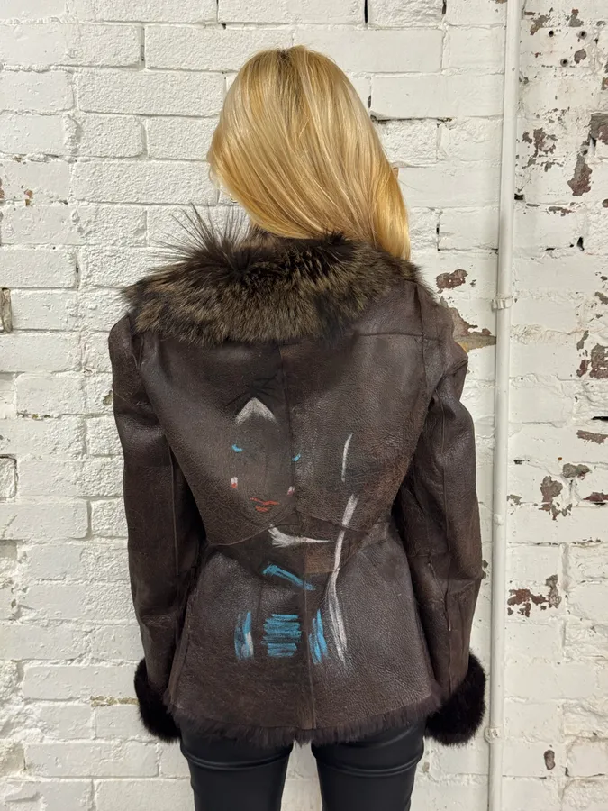 2010s Armani Fur Collar Painted  Brown Leather Jacket - Image 3