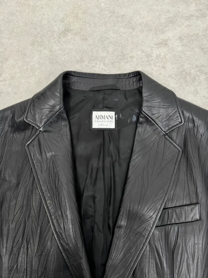 2010s Armani Leaves Embossed Black Leather Blazer Jacket - Image 4