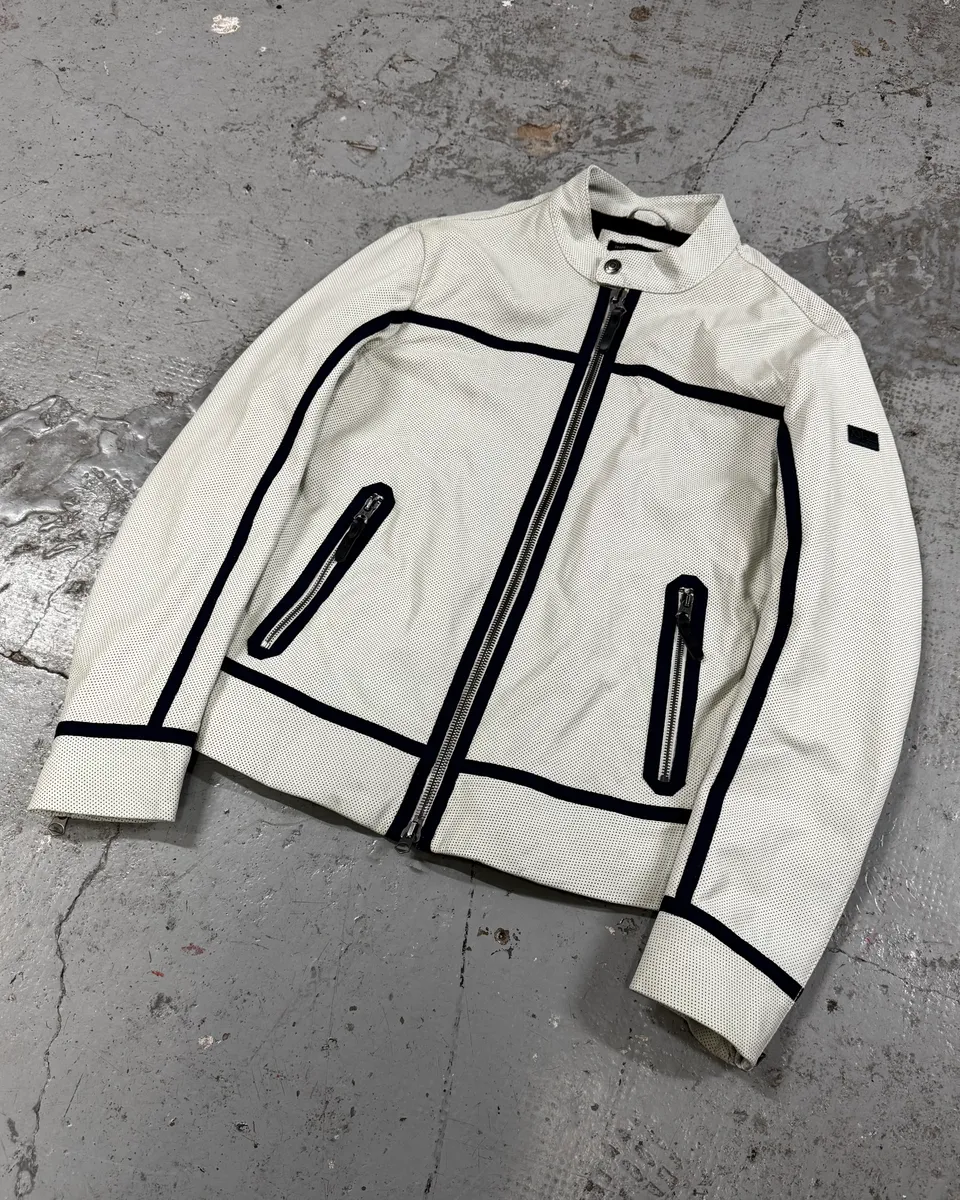 2010s Armani White & Blue Lined Ricing Jacket - Image 3