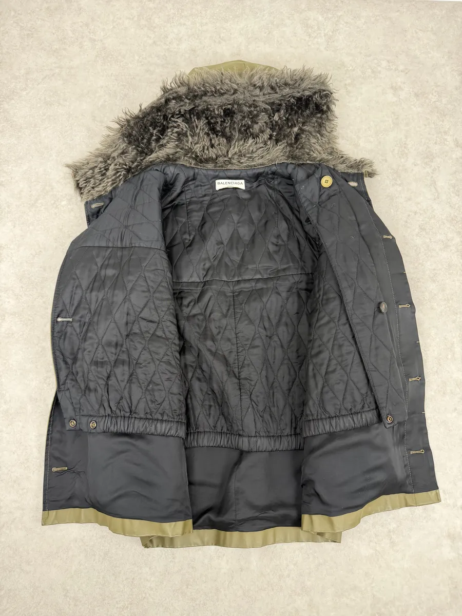 2010s Balenciaga Green Fur Hooded Parka Jacket - Image 5