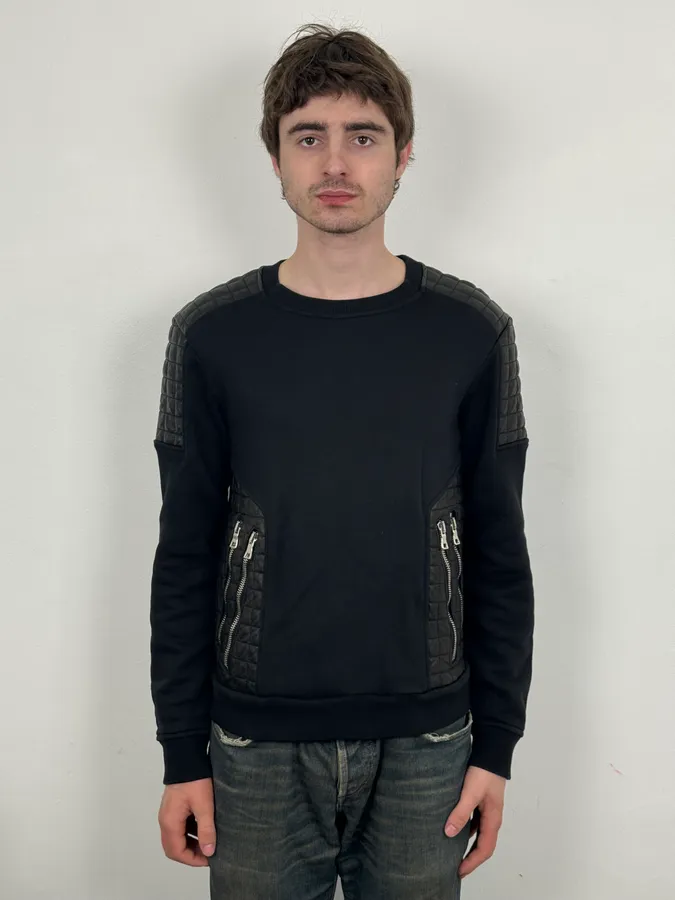 2010s Balmain Black Quilted Leather Pocket Sweater - Image 2
