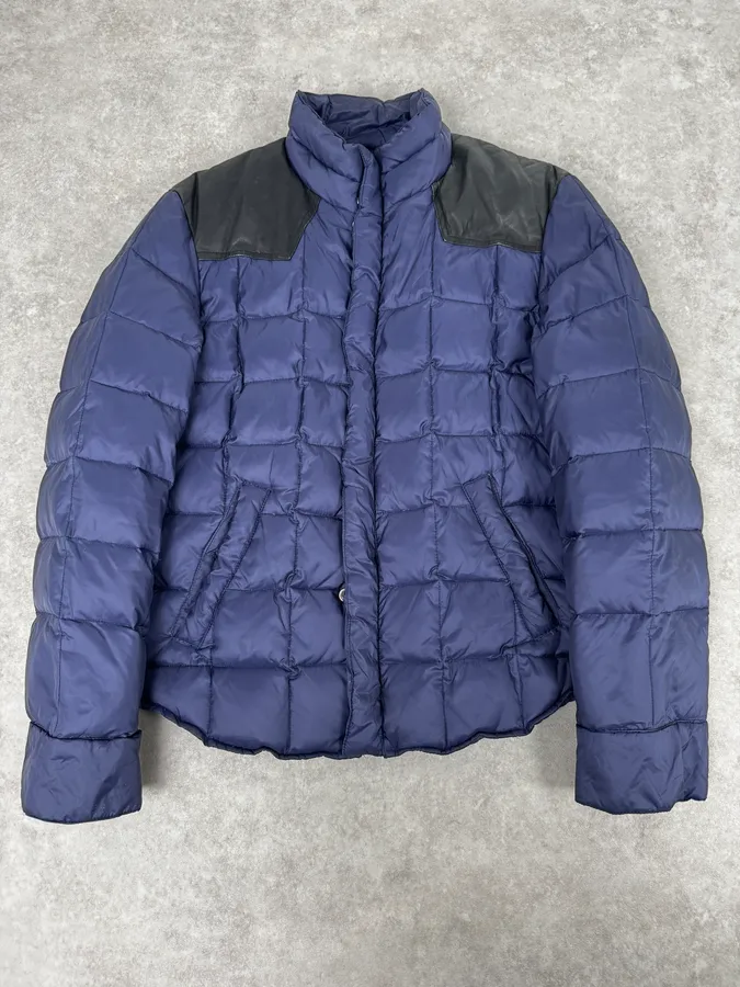 2010s Balmain Blue Leather Shoulder Patch Puffer Jacket