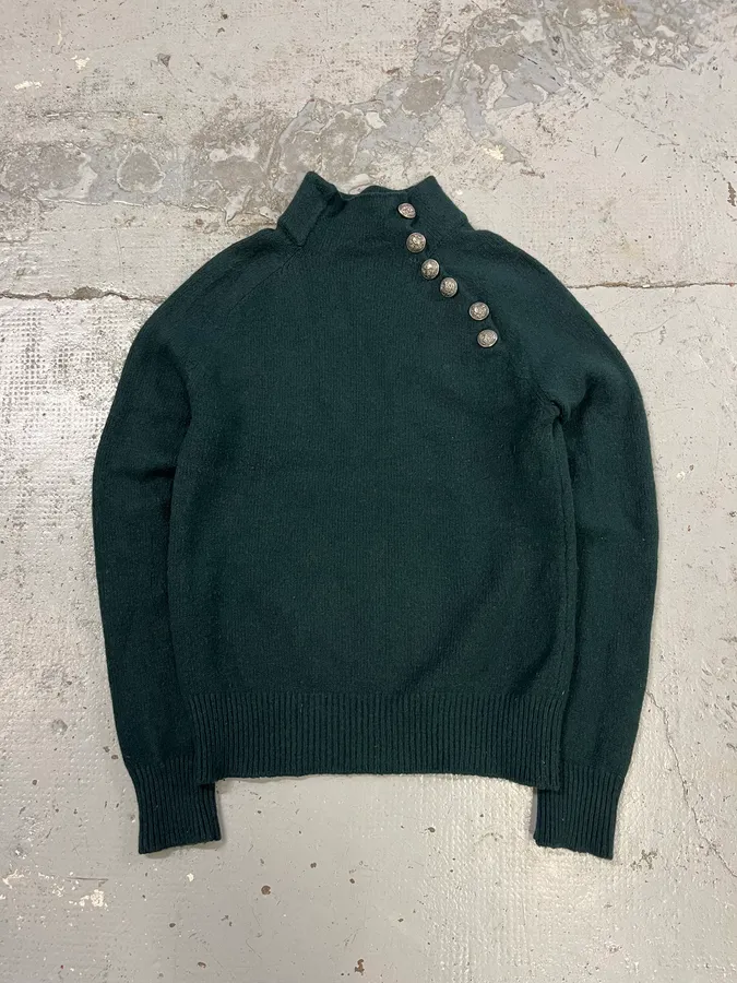 2010s Balmain Dark Green Wool Buttoned Turtleneck Sweater
