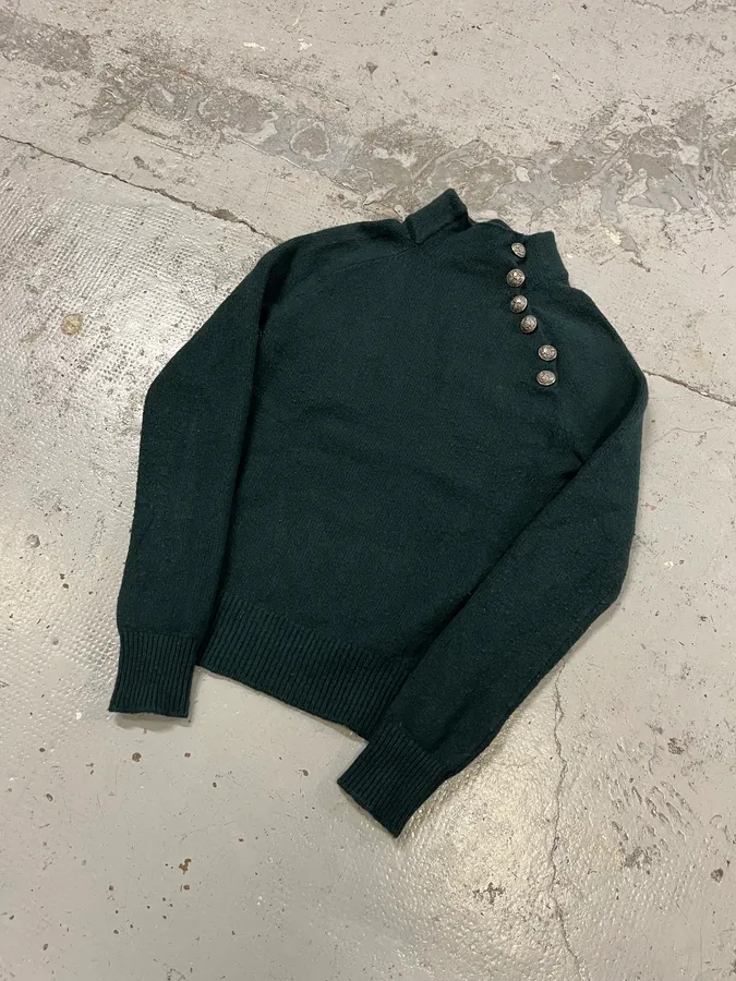 2010s Balmain Dark Green Wool Buttoned Turtleneck Sweater - Image 2