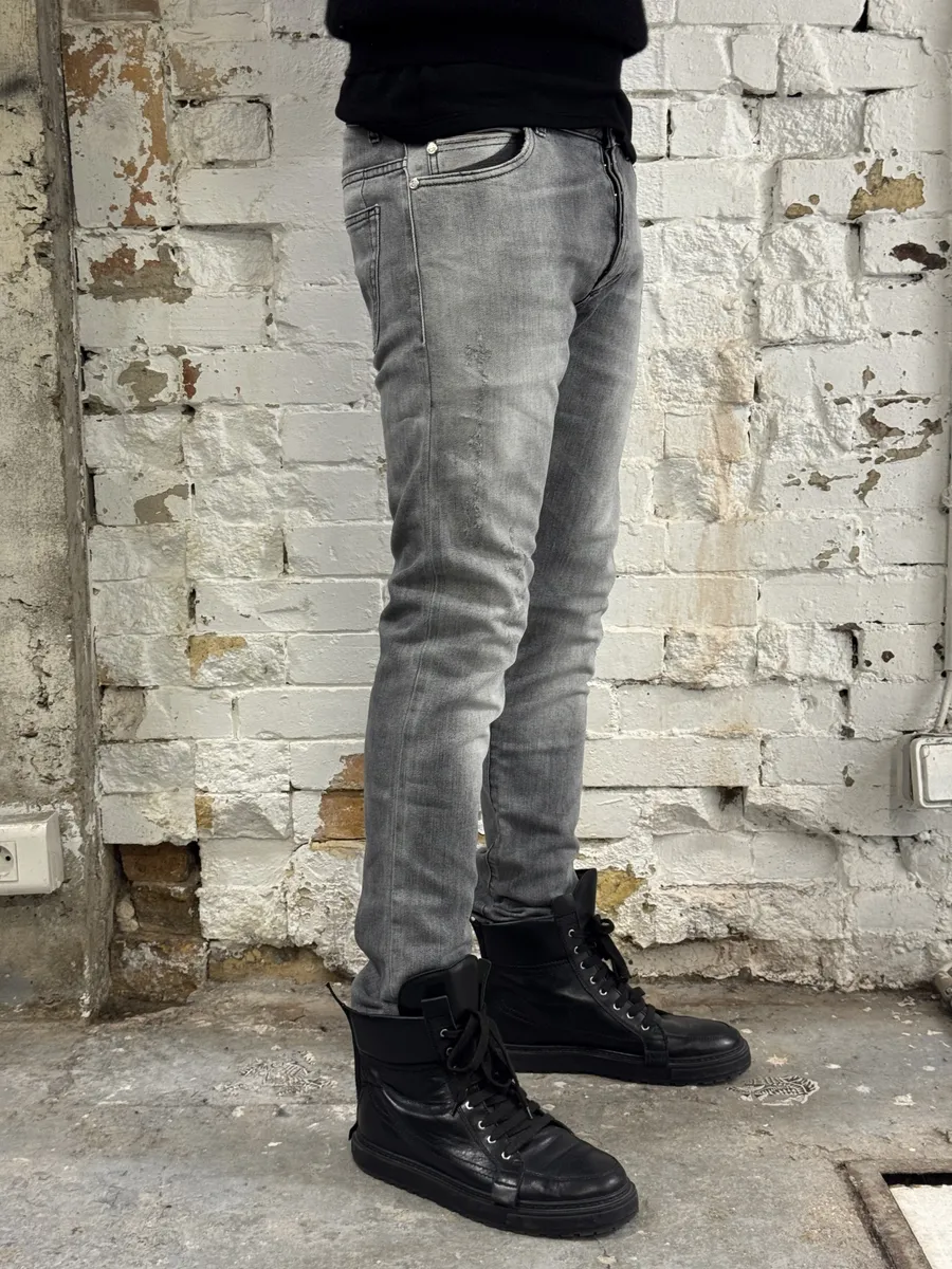2010s Balmain Grey Faded Destroyed Denim Slim Jeans - Image 2