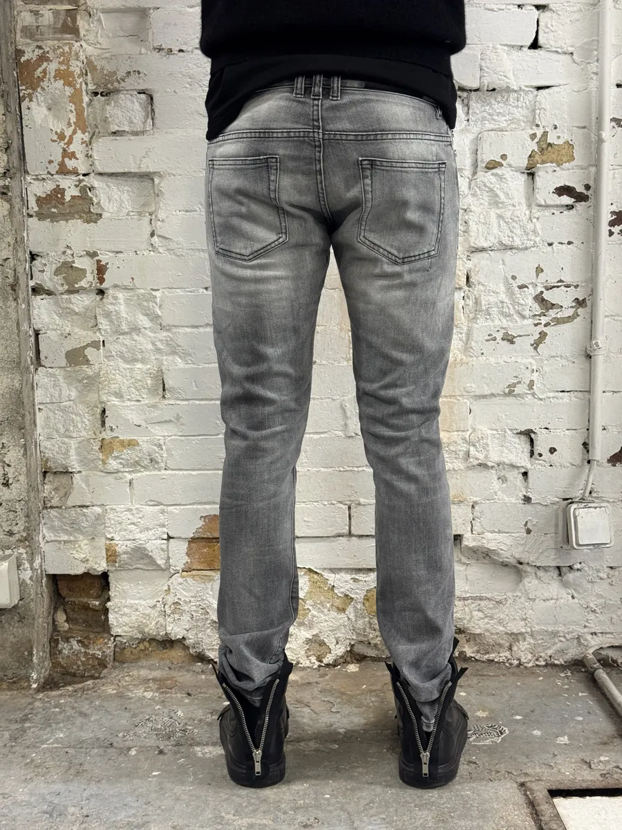 2010s Balmain Grey Faded Destroyed Denim Slim Jeans - Image 3