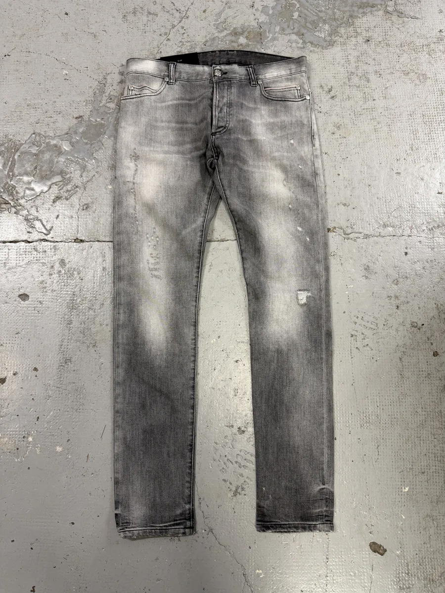 2010s Balmain Grey Faded Destroyed Denim Slim Jeans - Image 4