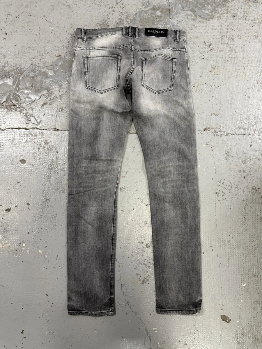 2010s Balmain Grey Faded Destroyed Denim Slim Jeans - Image 5