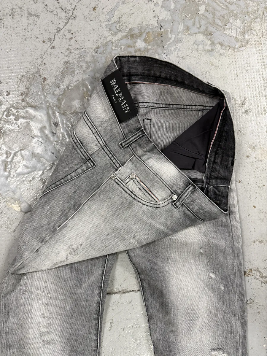 2010s Balmain Grey Faded Destroyed Denim Slim Jeans - Image 8
