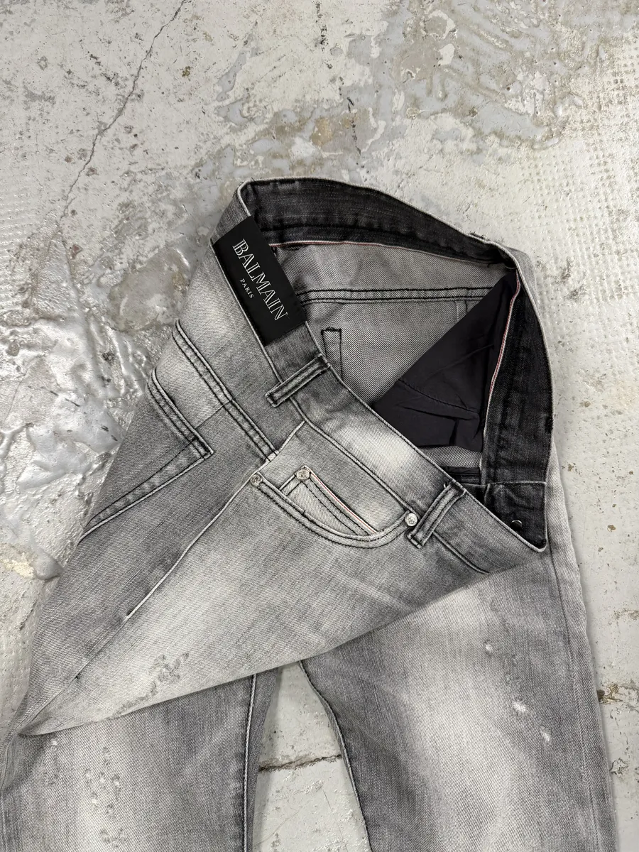 2010s Balmain Grey Faded Destroyed Denim Slim Jeans - Image 9