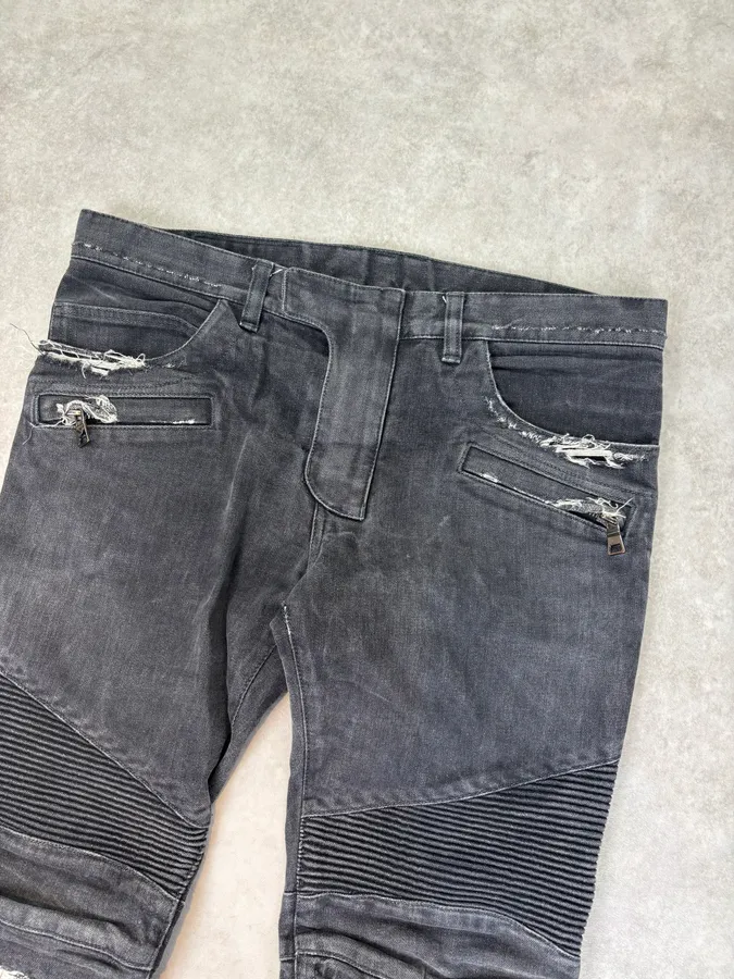 2010s Balmain Grey Japanese Distressed Biker Jeans - Image 5