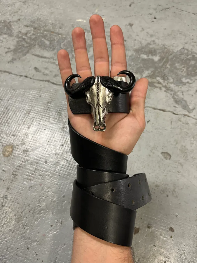 2010s Cavalli Bull Skull Buckle Leather Belt - Image 2