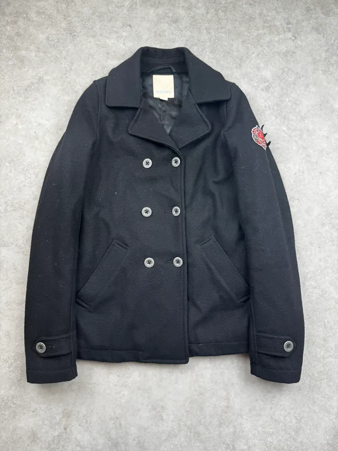 2010s Diesel Black Buttoned Rose Patch Peacoat
