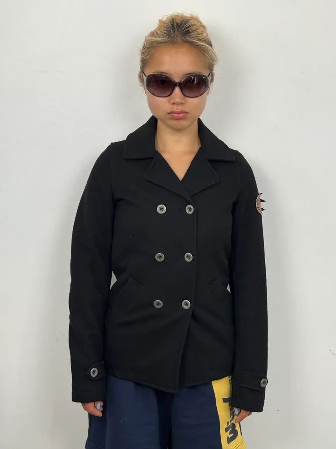 2010s Diesel Black Buttoned Rose Patch Peacoat - Image 3