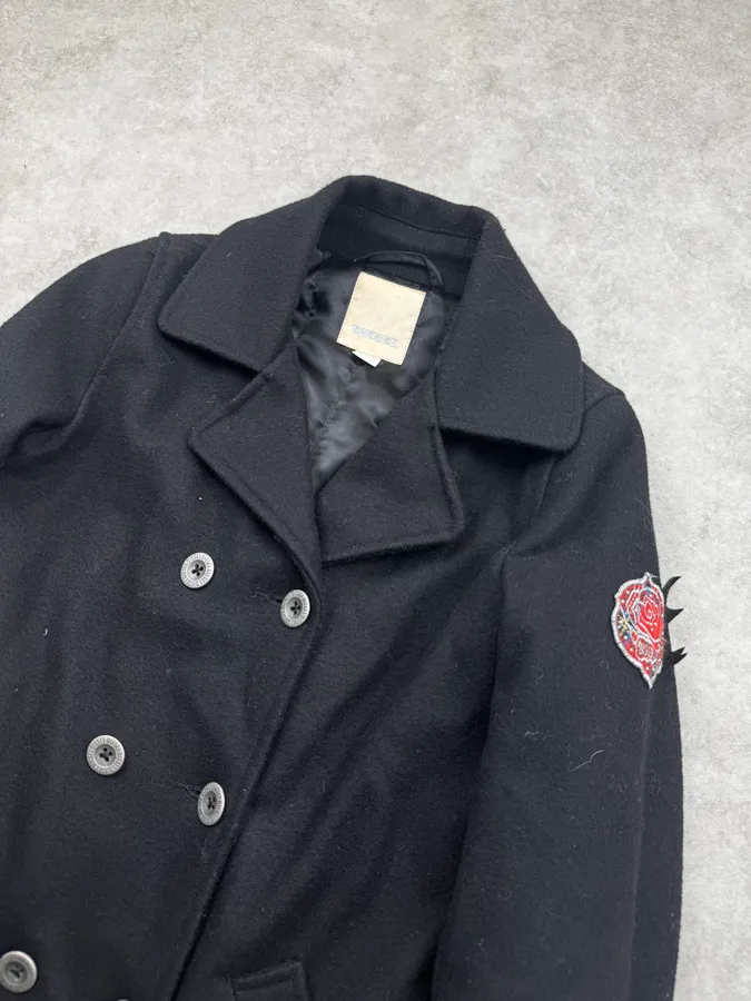 2010s Diesel Black Buttoned Rose Patch Peacoat - Image 5
