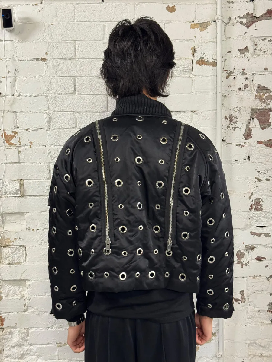 2010s Diesel Black Nylon Eyelet Studded Bomber Jacket - Image 3