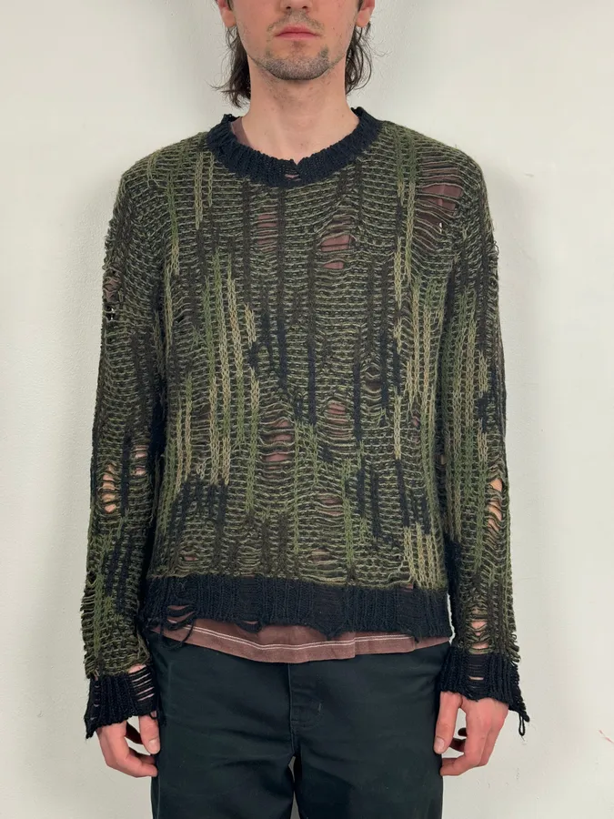 2010s Diesel Camo Green & Black Experimental Destroyed Sweater - Image 2