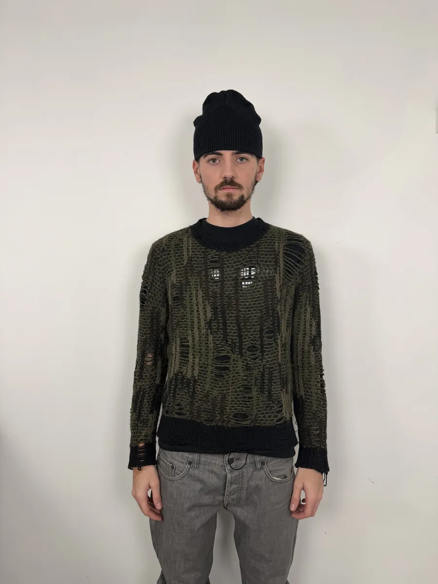 2010s Diesel Camo Green & Black Experimental Destroyed Sweater - Image 3