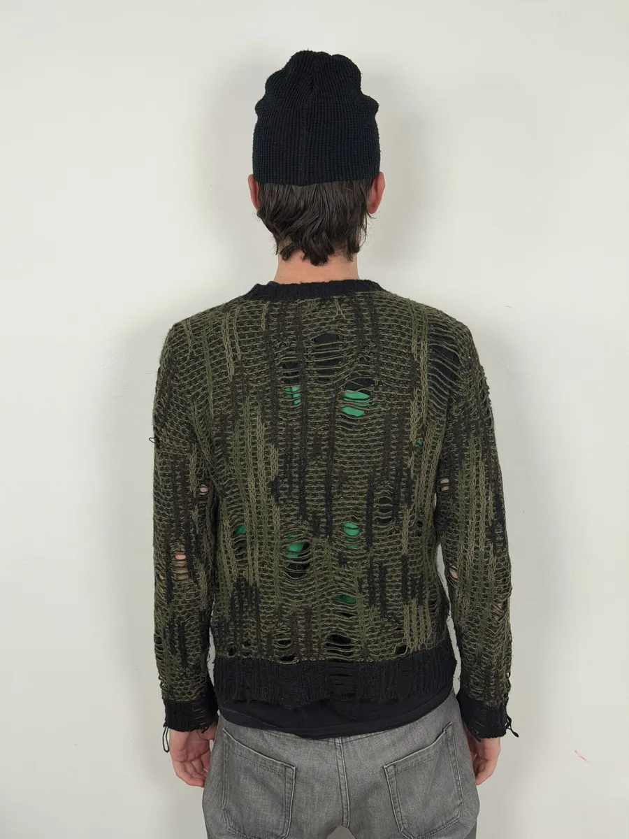 2010s Diesel Camo Green & Black Experimental Destroyed Sweater - Image 4
